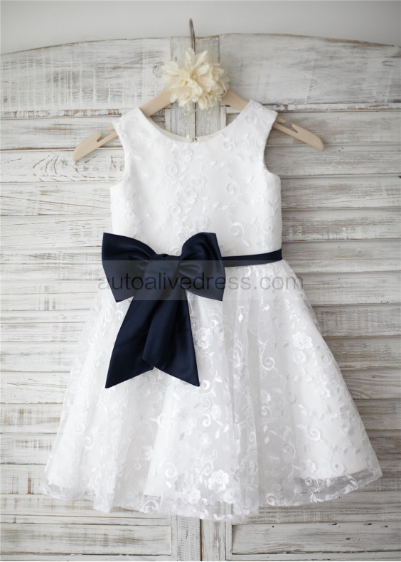 Ivory Lace Big Navy Blue Bow Knee Length Flower Girl Dress